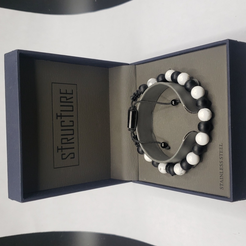 Structure Howlite and Matte Black Onyx Beads Adjustable Cord Bracelet